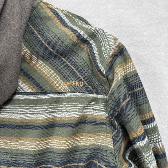 ASCEND Mens Medium Long Sleeve Hooded Shirt Jacket Shacket Green Black Stripe - Picture 6 of 12